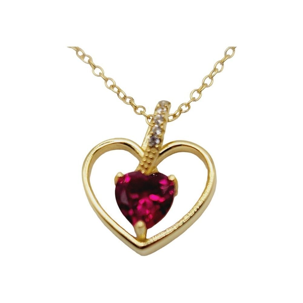 Vtg Gold Vermeil Over Sterling‎ Silver Necklace with Heart Pendant Red Sapphire - Picture 3 of 6